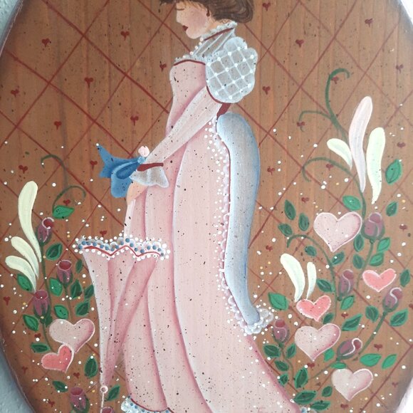 10.5" Wood Plaque Handpainted Victorian Lady on Real Wood, Wall Hanging, VTG Dec - Picture 5 of 5